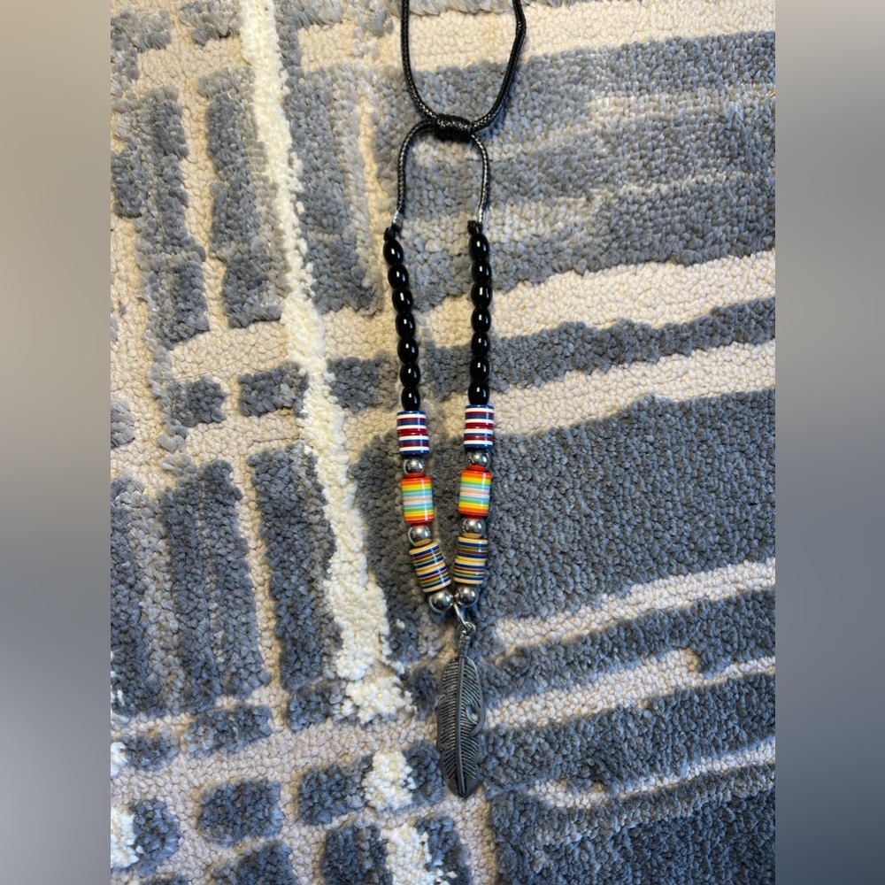 Multicolored colored beaded necklace with metal feather pendant, ArtikCrafts